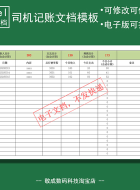 电子文档excel可修改xlsx格式表格模板司机记账每日收入支出滴滴