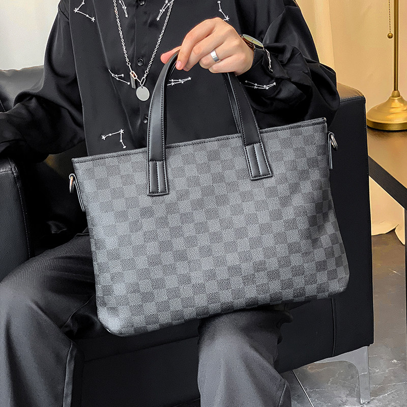 手提包男韩版商务休闲出差公文包时尚格子皮质单肩包横款斜挎包男