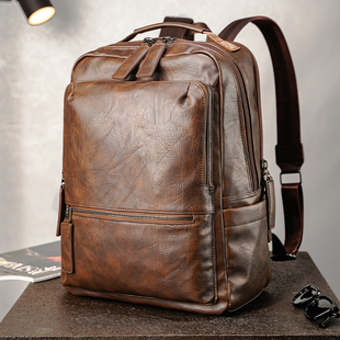 复古双肩包男通勤商务男士皮包皮质书包大容量女电脑旅行背包男款