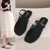 编织镂空配裙子软底凉拖鞋 新款 女外穿2025夏季 网面平底半包头拖鞋