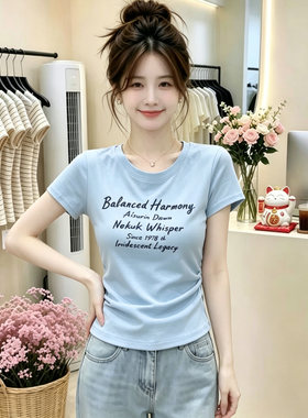 夏季大码胖mm韩系时尚字母印花短袖T恤新款百搭出片漂亮衣服上衣