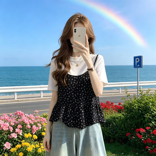 设计感假两件短袖T恤夏季高级感洋气宽松时尚大码洋气衣服女上衣