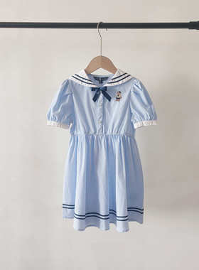TTOWE2421K-00  小熊2024春款女童蓝色蝴蝶结短袖连衣裙学院风