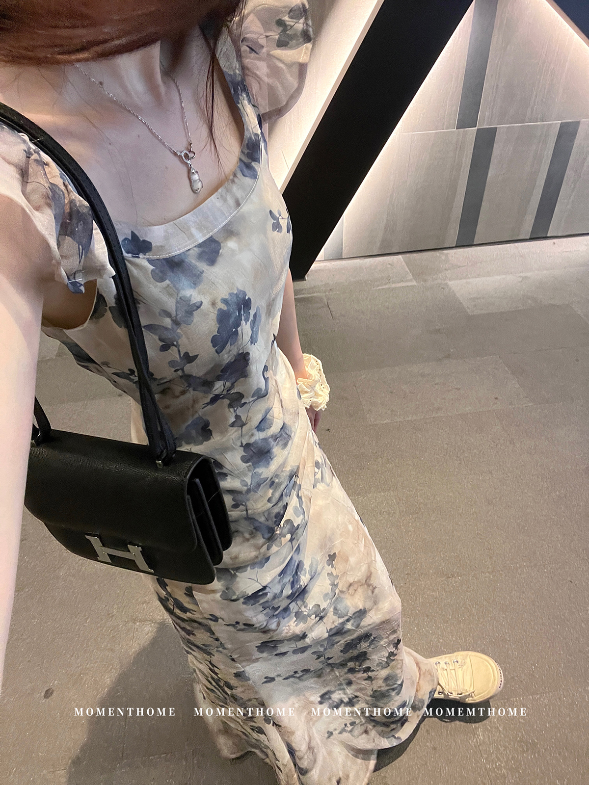 【现货】MOMENTHOME 婵意花丛*灰蓝花新中式水墨水碎花收腰连衣裙