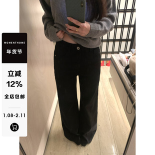 MOMENTHOME 品质线侧缝休闲显瘦加绒微喇自然腰黑色牛仔裤长裤春