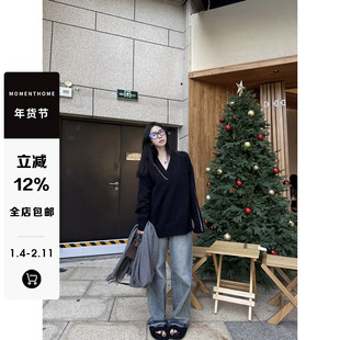 MOMENTHOME 慵懒冬日*撞色白线V领轮廓毛衣松弛感针织衫