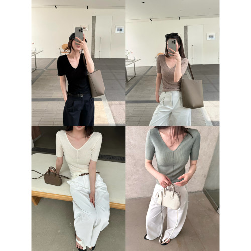 夏季透气亲肤V领羊毛针织T恤女