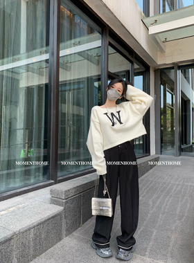 MOMENTHOME 折边白条黑色垂感休闲裤直筒裤高腰百搭长裤