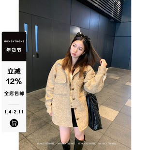 MOMENTHOME 肉桂杏温柔羊毛衬衣领厚实编织单排扣小香风