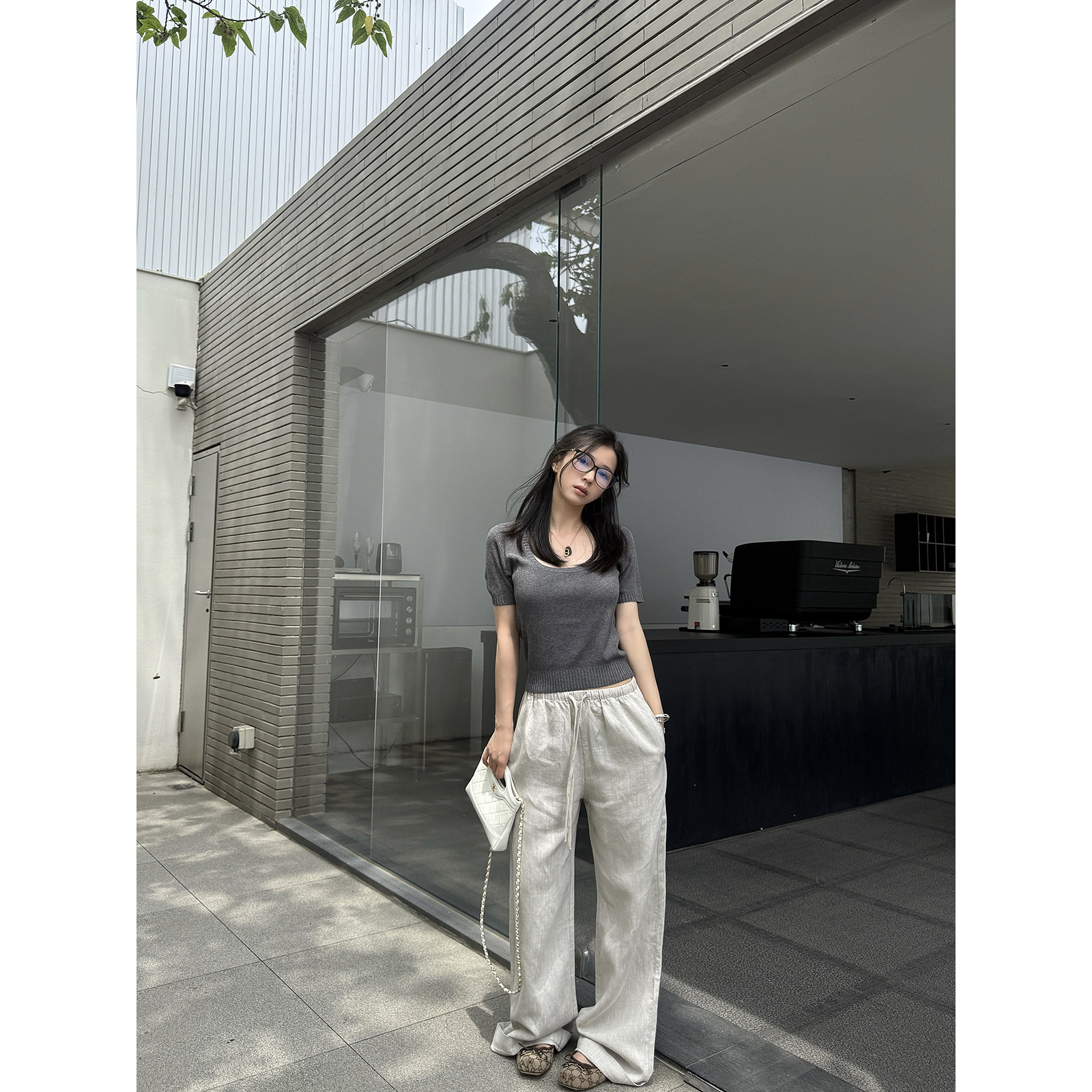 MOMENTHOME舒适亚麻莱赛尔天丝方领锁骨针织短袖上衣T恤女夏图片