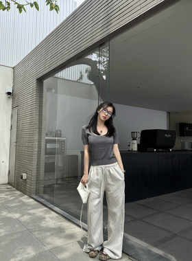 MOMENTHOME舒适亚麻莱赛尔天丝方领锁骨针织短袖上衣T恤女夏