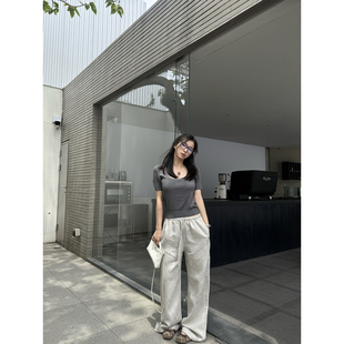 舒适好穿亚麻莱赛尔天丝方领锁骨针织短袖 MOMENTHOME 上衣T恤女夏