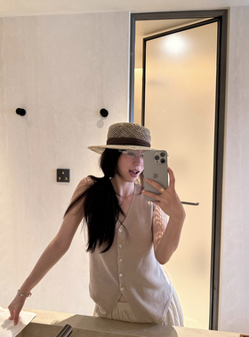 MOMENTHOME 娜娜自制 单排扣斜下摆无袖修身针织马甲V领背心女夏