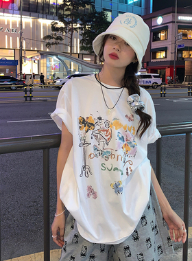*捡漏一线*专柜*撤回剪标涂鸦印花短袖T恤女夏纯棉中长款慵懒上衣