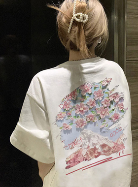 外贸尾单女装意大利剪标花朵山脉印花白色短袖T恤女夏季纯棉上衣