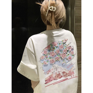 外贸尾单女装意大利剪标花朵山脉印花白色短袖T恤女夏季纯棉上衣