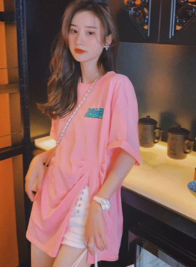 清仓捡漏专柜商场撤回剪标前开叉粉色印花t恤女夏短袖宽松中长款
