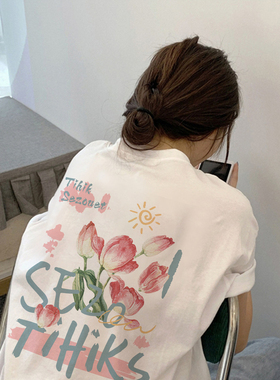 *捡漏一线*专柜*撤回剪标郁金香印花T恤女夏宽松慵懒纯棉上衣ins
