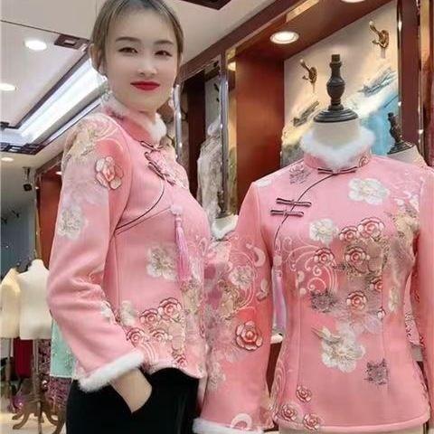 新款2024妈妈德绒加厚民族旗袍显瘦洋气时尚休闲短款高档改良上衣