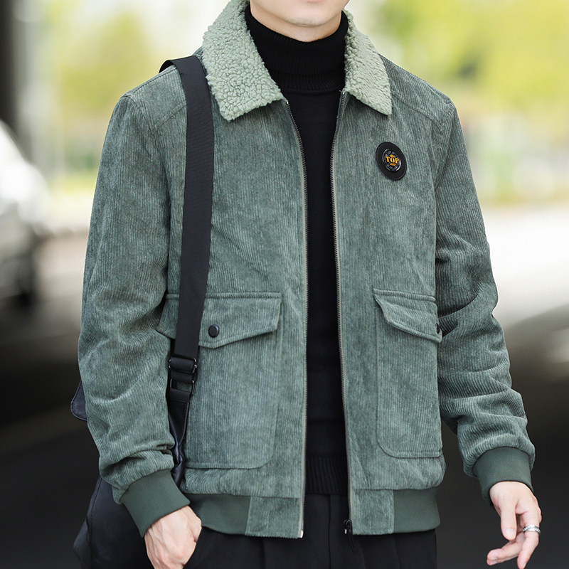 直播新款灯芯绒夹克男加绒加厚店主风外套男士羊羔绒翻领H871-P65图片
