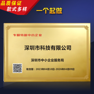 深圳市省特创新型专精特新中小企业高新技术证书奖牌匾铜牌定制做