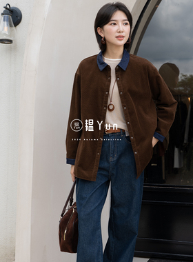YUN韫2025冬季新品显瘦女装时尚单排扣撞色领灯芯绒阔版衬衫外套