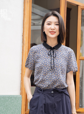 【YUN】2024夏季新款娃娃领系带减龄单排扣碎花雪纺短袖衬衫女