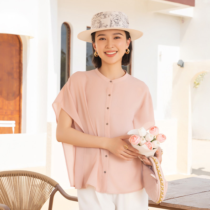 YUN2025夏季女装新品小立领单排扣高级感荷叶袖短袖女衬衫5698