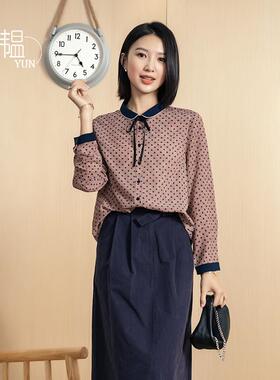 YUN韫2025年秋季复古气质减龄上衣洋气宽松时尚纯色飘带长袖衬衫