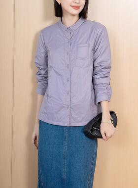 YUN2024冬季新款女翻领单排扣简约纯色轻薄超柔软夹棉衬衫外套