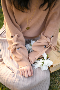 特价 口蝴蝶结温柔奶茶100羊毛甜美文艺森女针织上衣套头毛衣 袖