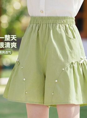 女童A字绿色系带短裤显瘦夏装新款洋气儿童高腰裤子女孩阔腿裤