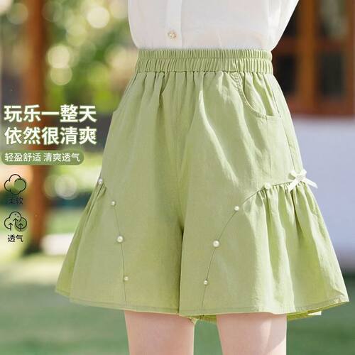 女童高腰A字绿色系带显瘦短裤