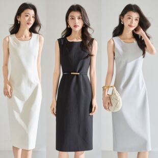 裙气质显瘦行政裙纯色无袖 西装 中长连衣裙22746 气场 26春夏新款