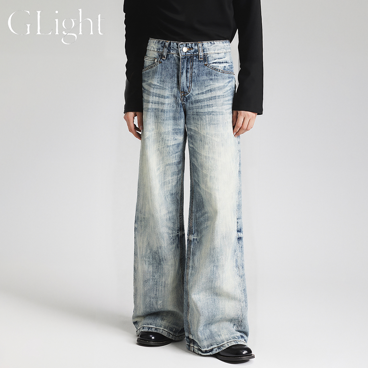 GLight美式A字直筒牛仔裤