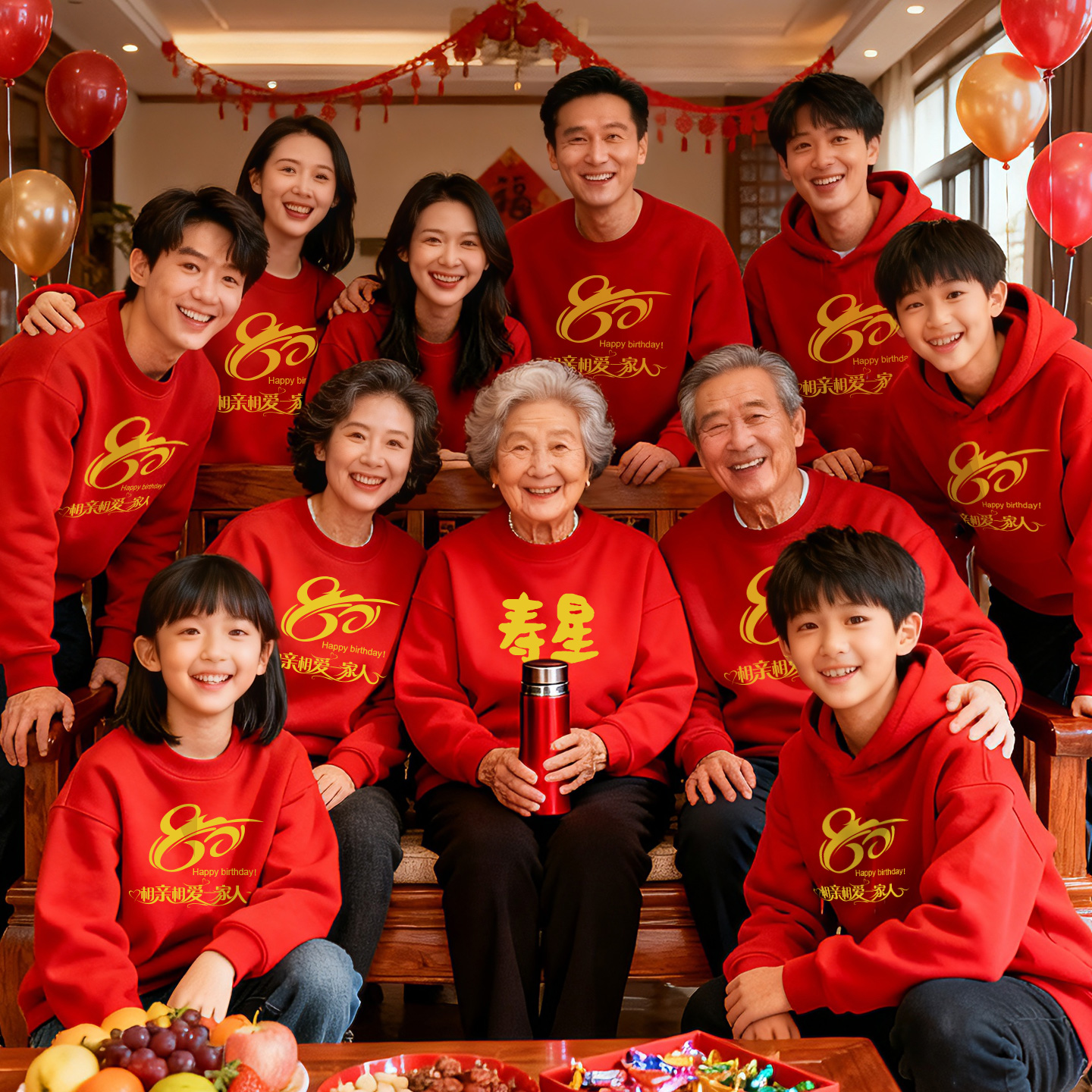 红色卫衣全家福定制印字