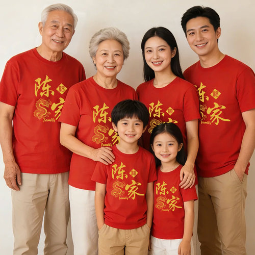红色姓氏全家福短袖T恤定制