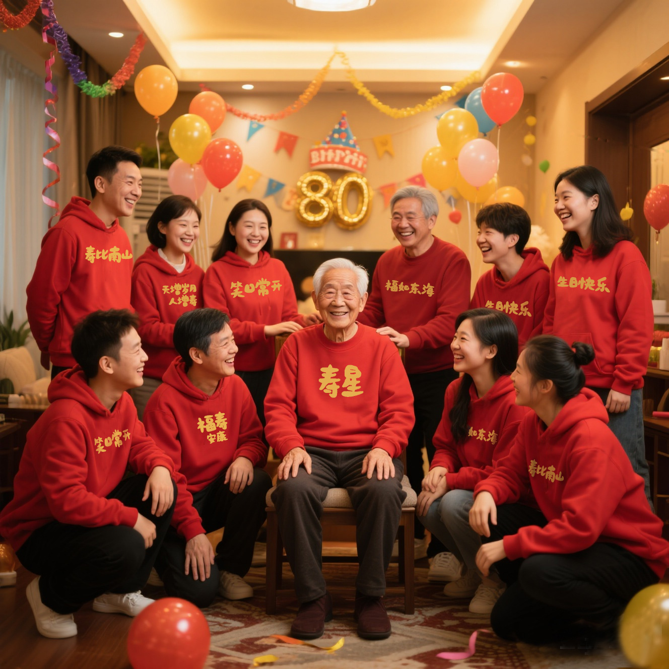 大寿宴寿星父母过生日红色卫衣