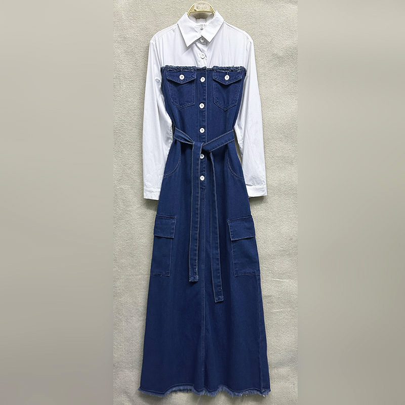 POLO领长袖套头拼接牛仔连衣裙