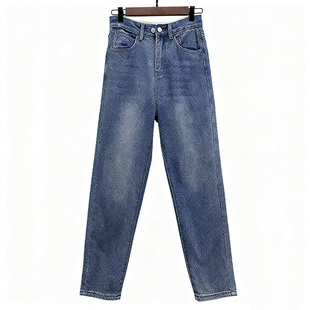 气质高腰百搭两粒扣做旧小直筒牛仔裤 秋季 时尚 女装 新款