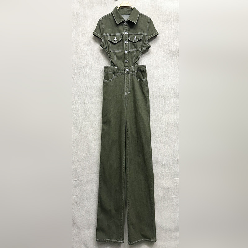 短袖气质休闲露腰牛仔连体裤