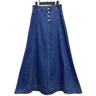 烫钻A字裙牛仔半身裙 四粒扣高腰长款 外贸原单170高个子新款 女装