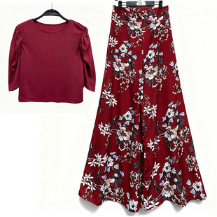 高腰印花松紧腰阔腿休闲裙裤 新款 上衣 圆领针织长袖 两件套 女装