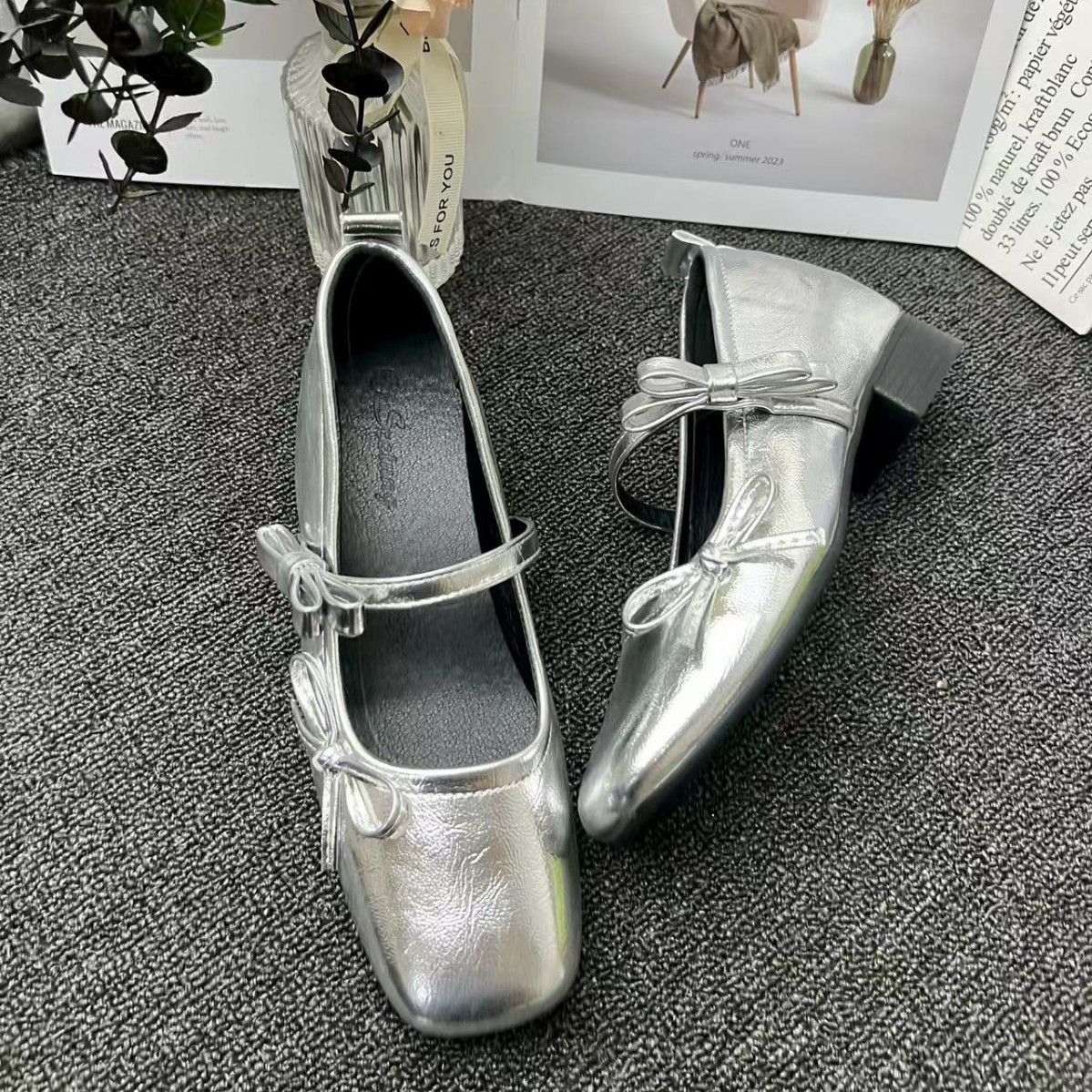 进口6cm~内增高法式复古平底蝴蝶结浅口单鞋女新款银色玛丽珍晚晚