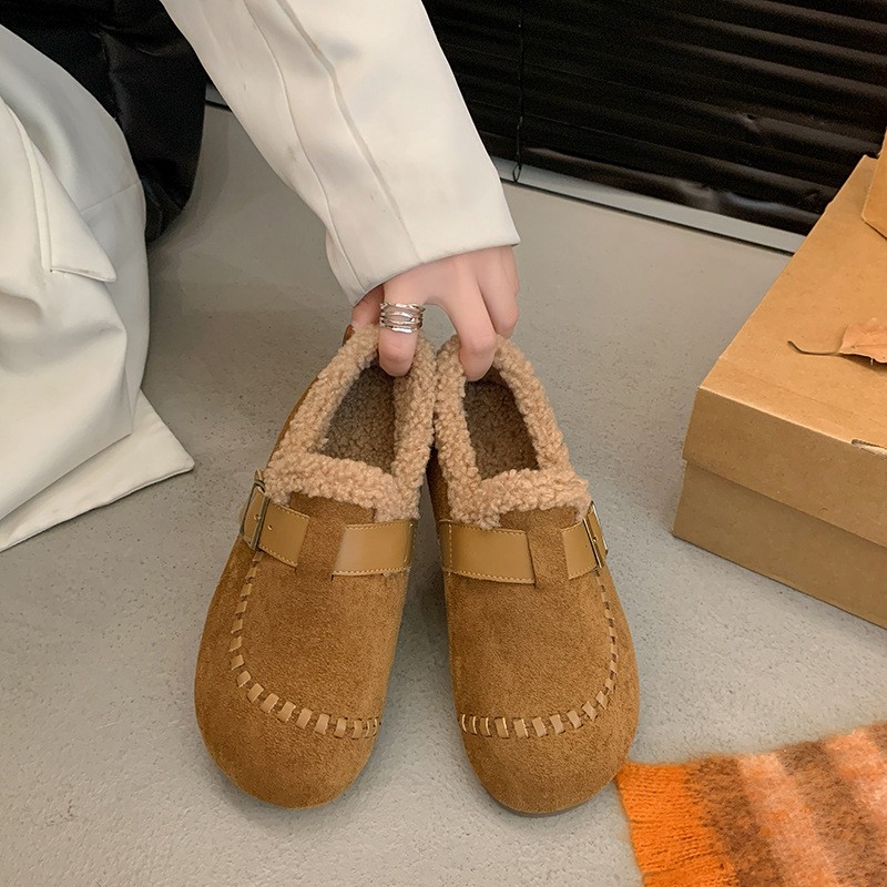 进口2025勃肯鞋圆头乐福鞋百搭冬季加绒软底豆豆鞋外穿百搭时尚棉
