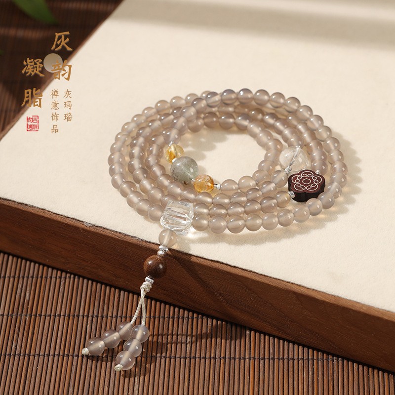进口灰玛瑙叠戴多圈手链风格手工串珠项链新中式手串复古气质百搭