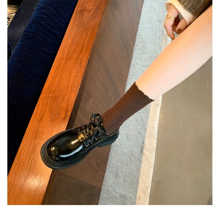 进口540~2025年新款英伦风加绒秋冬季圆头粗跟厚底系带乐福小皮鞋