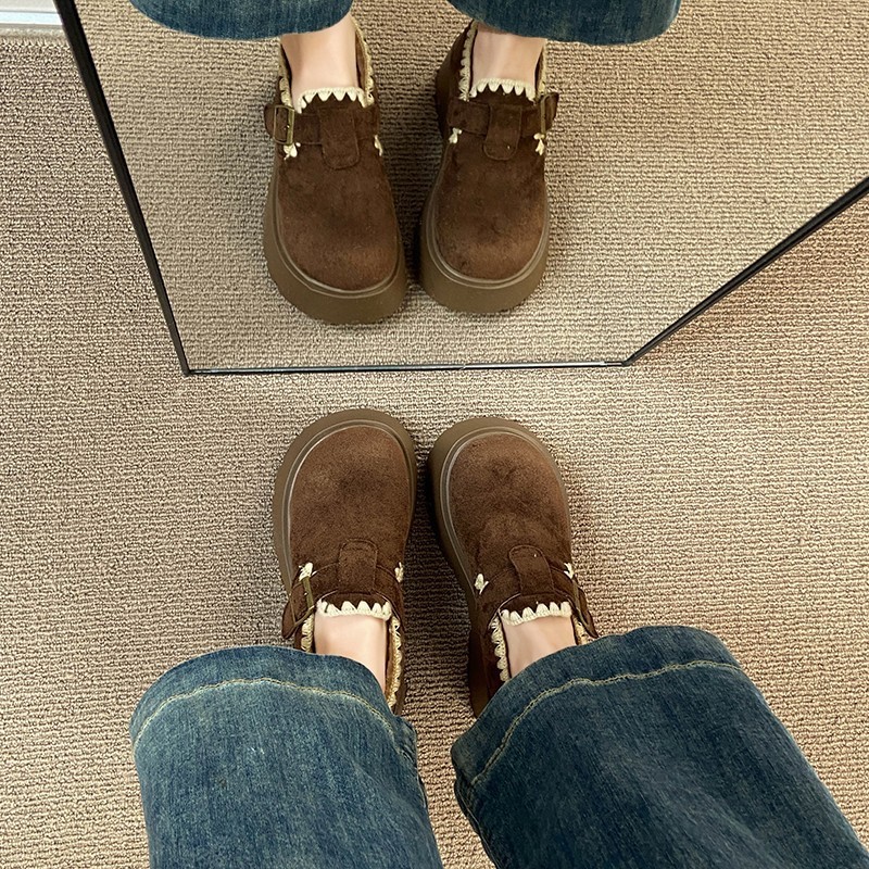 进口厚底加绒休闲乐福鞋女2025秋冬季新款复古勃肯鞋保暖女棉鞋一