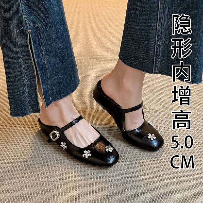 进口A17-26法式方头水钻内增高女鞋2025春季新款韩版半拖单鞋