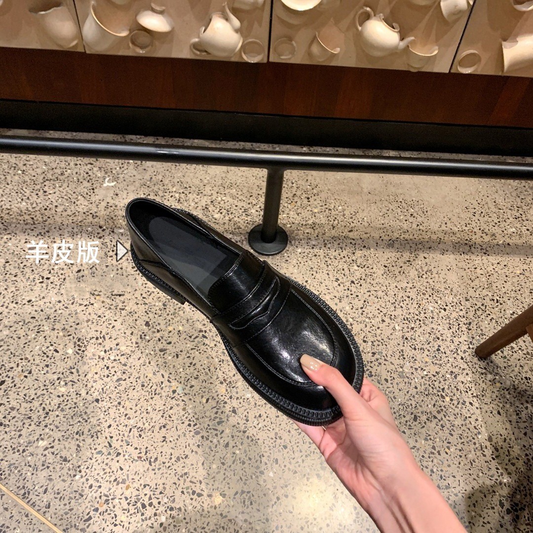 进口真皮软底~羊皮轻日落曼哈顿新款真皮英伦黑色乐福女JK厚底小